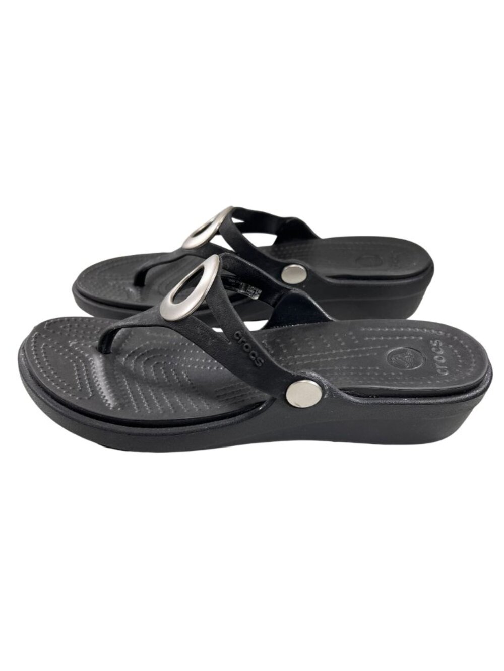 Crocs Sanrah Wedge Sandals Black Flip Flop Thong W7 Silver Circle Womens 14153 - Picture 4 of 14